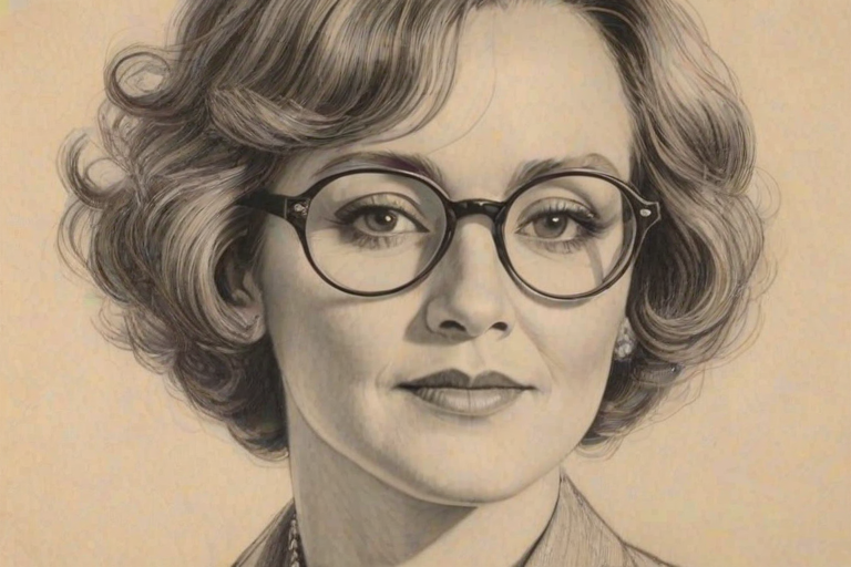 Lovely Bonnie Bedelia, pencil sketch, portrait of Comely woman 1928s in glasses, hair style beatnik, outline, clear lines, fine lines, 8k