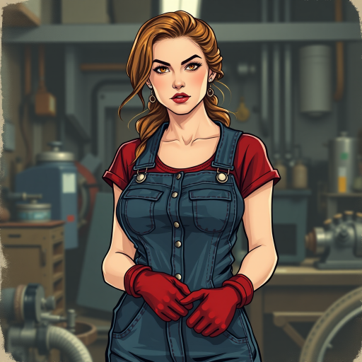 Create a vintage-inspired illustration of a woman in a workshop, wearing denim overalls and red gloves, with a strong posture and intense expression, surrounded by machinery, captured with a DSLR camera, 50mm lens, f/1.8 aperture, ISO 100, natural lighting, and shallow depth of field for enhanced detail.