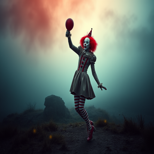 Create a surreal scene featuring a whimsical clown model with vibrant red hair and striped stockings, dancing in a misty landscape with dramatic shadows and glowing yellow eyes in the background, using a DSLR camera, 50mm lens, f/2.8 aperture, ISO 100, natural soft lighting for enhanced detail and clarity.