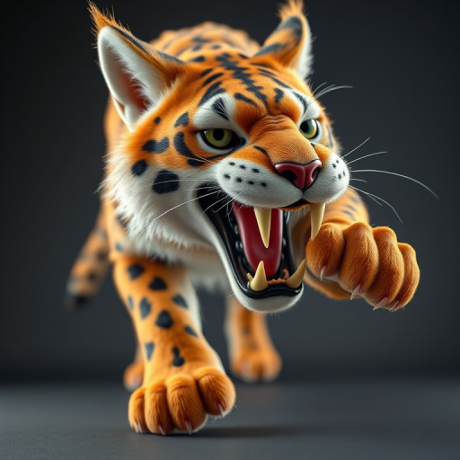 Create a highly detailed 3D rendered image of a stylized saber-toothed cat in an action pose, using a Canon EOS R5 with a 50mm f/1.2 lens, set to ISO 200, f-stop 2.8, shutter speed 1/200s, with a low-angle view and soft studio lighting to enhance the texture and details of the fur.