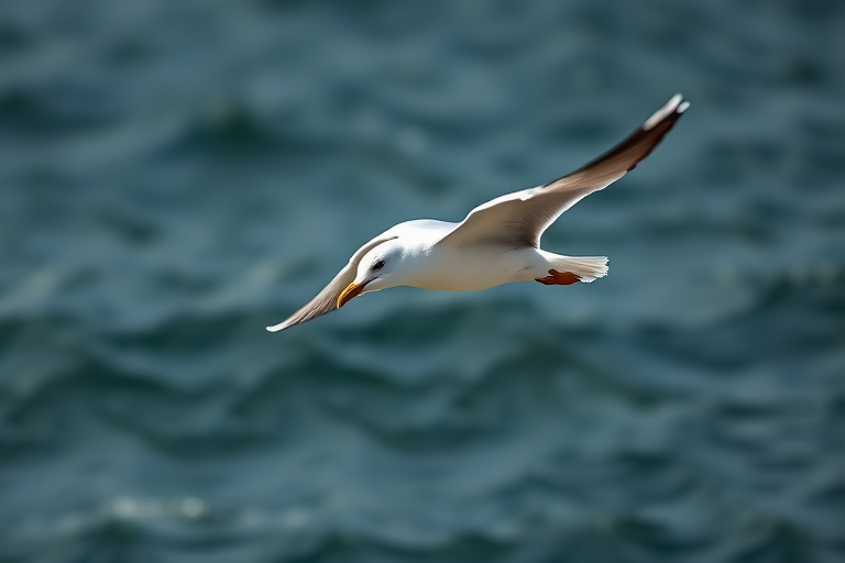 Generate a high-resolution image of a seagull in mid-flight, using a DSLR camera with a 300mm lens, aperture f/4, shutter speed 1/1000s, ISO 200, captured from a low angle with a wide-angle view to enhance the background and bring focus to the bird.