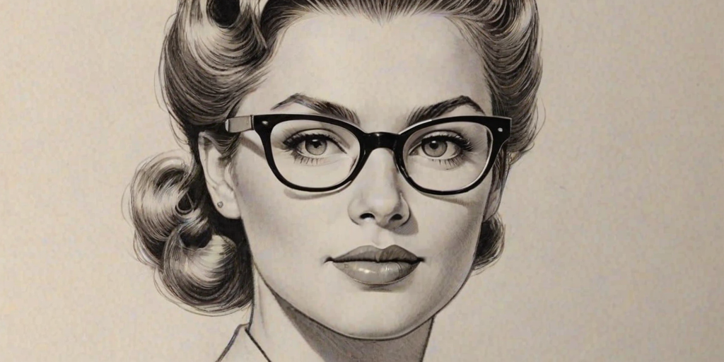 Attractive Ursula Parker, pencil sketch, portrait of Enchanting woman 1953s in glasses, hair style beatnik, outline, clear lines, fine lines, 8k