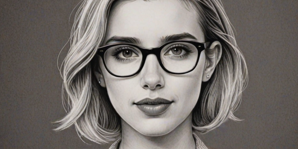 Resplendent Emma Roberts, pencil sketch, portrait of Delightful woman 1929s in glasses, hair style beatnik, outline, clear lines, fine lines, 8k
