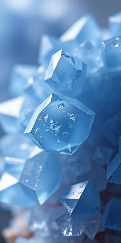 close-up of a blue crystal cluster with sharp facets illuminated by soft lighting, macro lens, aperture f/2.8, ISO 100, 100mm lens, shallow depth of field, captured with a DSLR camera