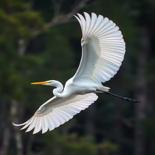 A majestic white heron in flight against a blurred forest background, captured with a Canon EOS 5D Mark IV, 85mm lens, aperture f/4, shutter speed 1/1000 sec, ISO 400, in natural light, with a focus on capturing intricate feather details and vibrant colors.