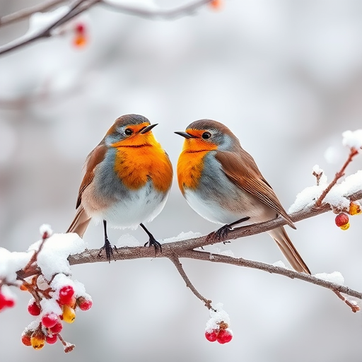 A winter scene featuring two robins on a snowy branch, using a Canon EOS R5 with a 50mm f/1.8 lens, aperture f/4, ISO 100, in natural light, capturing a watercolor painting effect with soft focus and vibrant colors.