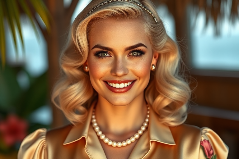 A beautiful Hawaiian woman reminiscent of 1950s Hollywood glamour, with perfectly styled blonde hair and a seductive smile, dressed in a satin blouse and adorned with pearls, soft and warm tones, photorealistic, 8K