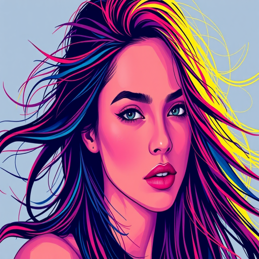 Create a high-resolution digital illustration of a woman with flowing hair, using vibrant colors and bold outlines, captured in a portrait orientation with a Canon EOS R5 camera, aperture set to f/2.8 for a shallow depth of field, 50mm lens for a close-up view, and enhanced with soft lighting to emphasize facial features and hair texture.