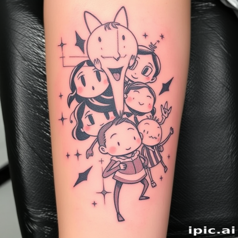 Playful "Sketch Animation" tattoo style featuring hand-drawn illustrations that appear to come to life through clever use of motion lines and multiple overlapping images, rendered in a mix of bold black outlines and subtle colored pencil shading, creating a dynamic and whimsical tattoo that tells a story through its animated aesthetic
