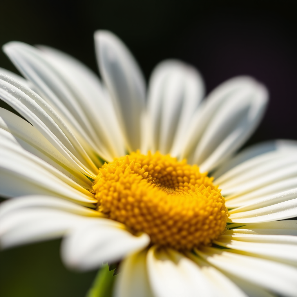 macro shot of a daisy flower with detailed petals and vibrant center, f/2.8 aperture, 50mm lens, ISO 100, natural sunlight, shallow depth of field, DSLR camera