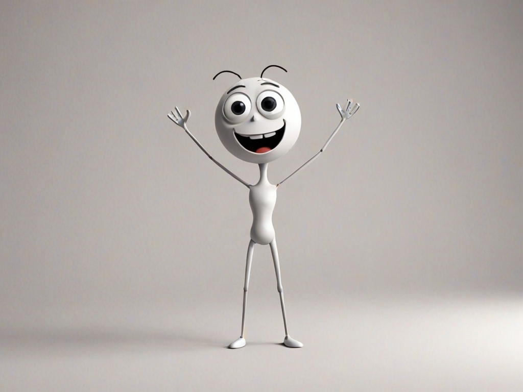 create a simplistic stick figure character with a round head, large eyes, and an open-mouthed expression, standing with arms raised in a surprised or excited manner on a plain background