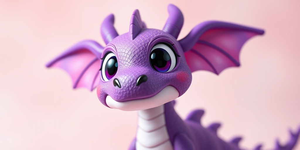 Create a cute, cartoonish purple dragon with large expressive eyes and detailed scales, against a soft pastel-colored background, shot with a DSLR camera at f/2.8, ISO 100, 50mm lens, in a studio lighting setup for enhanced image quality.