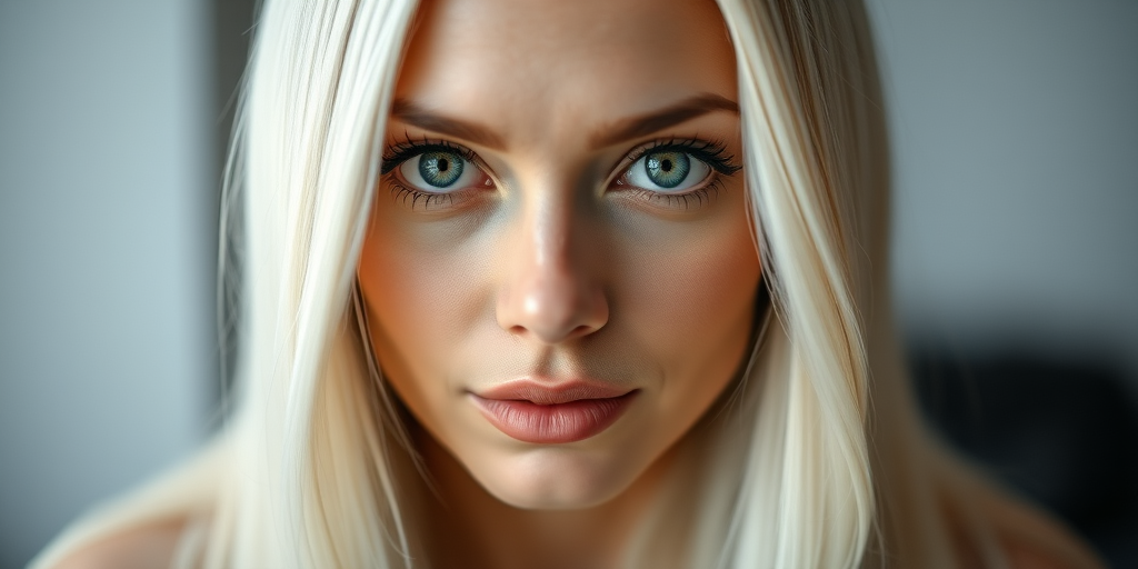 Create a high-resolution portrait of a woman with long, straight white hair and striking blue eyes, soft lighting to enhance features, f/2.8 aperture, 85mm lens, shot at eye level using a DSLR camera.