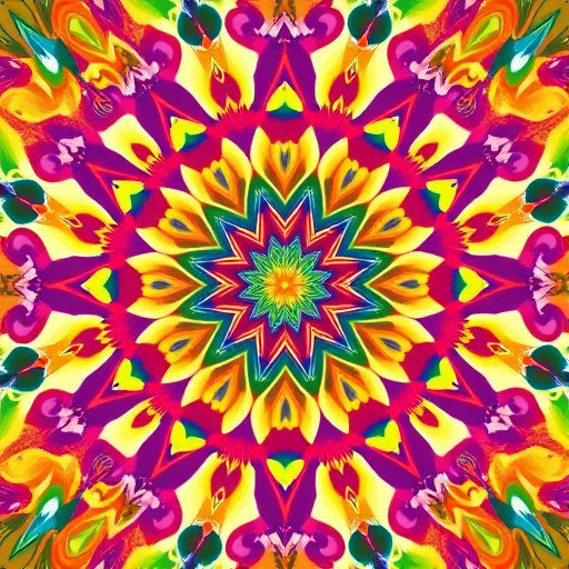 create a high-resolution digital mandala design featuring vibrant and intricate patterns with a kaleidoscopic effect, utilizing a Canon EOS R5 camera, f/8 aperture, ISO 100, 24mm lens, and a top-down view for enhanced symmetry and detail