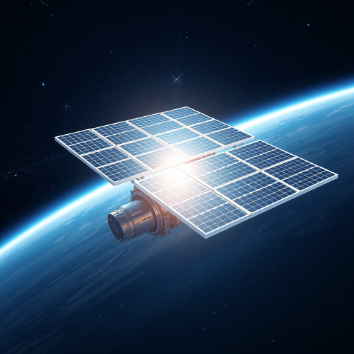 Create a high-resolution illustration of a satellite in space with detailed solar panels, using a digital art style, 1080p resolution, shot with a wide-angle lens at f/8, ISO 100, and a slight vignette effect for depth.