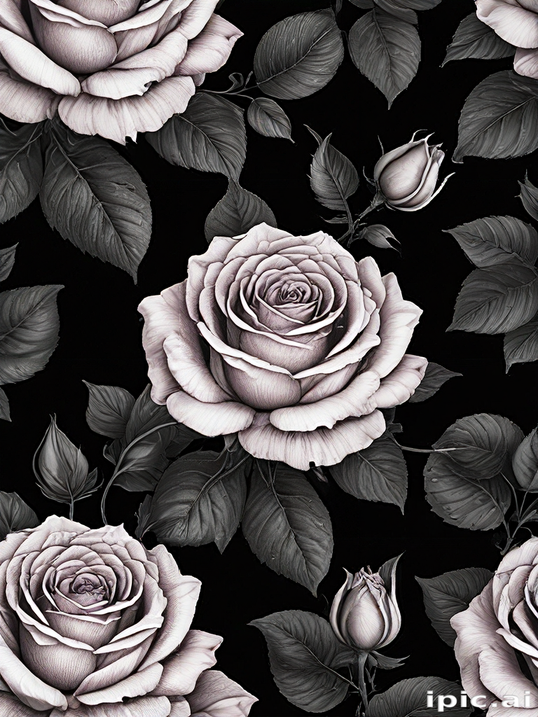 Elegant Black Background with Beautifully Detailed Gray Roses and ...