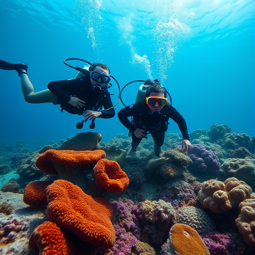 Underwater scene of two scuba divers exploring a vibrant coral reef, captured with a DSLR camera, 18mm lens, f/8 aperture, 1/250s shutter speed, wide-angle view, high saturation, and vivid colors.
