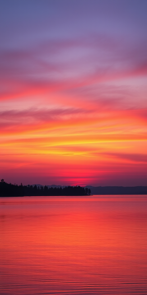 Generate a high-resolution image of a sunset over a calm lake with vibrant orange and purple hues in the sky, captured with a Canon EOS R5 camera, 50mm lens, f/2.8 aperture, ISO 100, and a shutter speed of 1/250s, using a wide-angle view to capture the serene landscape in a natural style.