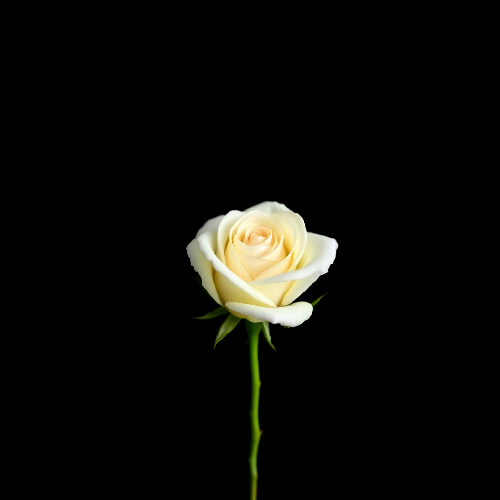Create a high-resolution image of a single white rose on a black background, shot with a Canon EOS 5D Mark IV using a 50mm f/1.8 lens at f/2.8, ISO 100, in natural light for optimal detail and color contrast.