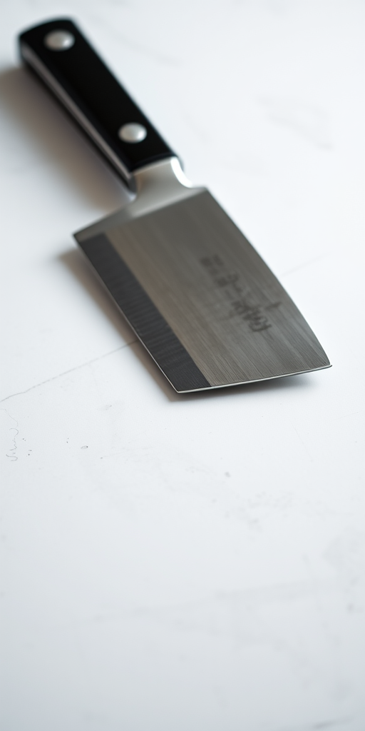 high-resolution photo of a kitchen knife on a plain background, taken with a DSLR camera at f/2.8 aperture, ISO 100, 50mm lens, with a focus on the blade and a shallow depth of field to enhance details and texture.