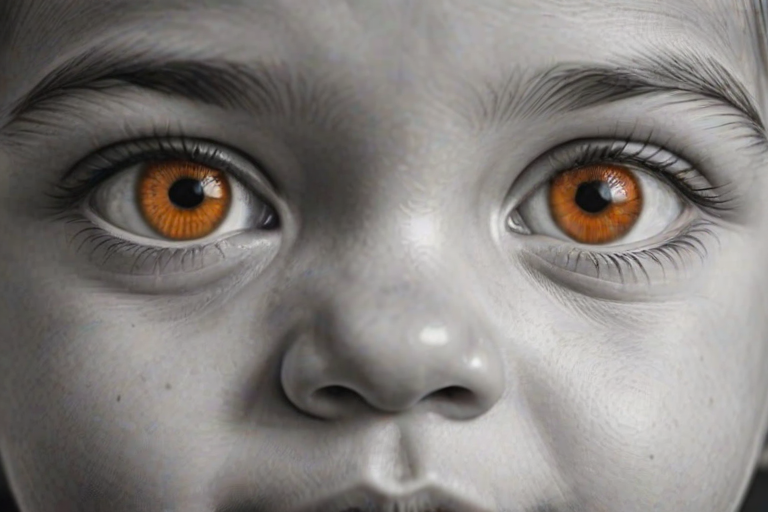 A hyperdetailed photorealistic black and white sketch of a beautiful toddler with deep orange eyes, with a macro focus