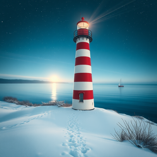 Generate a serene winter scene featuring a lighthouse with red and white stripes, a snowy landscape, a calm ocean reflecting starlight, and a sailboat in the distance, captured with a DSLR camera at f/8 aperture, 1/250 shutter speed, ISO 100, wide angle lens, in vibrant colors and high resolution.