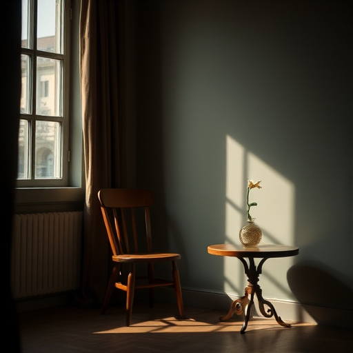 Create a dimly lit interior scene featuring a solitary wooden chair next to a small round table with a vase and single flower, illuminated by soft light streaming through a window, using a DSLR camera with a 50mm lens, aperture set at f/2.8, ISO 200, and a slight vignette effect to enhance the mood.
