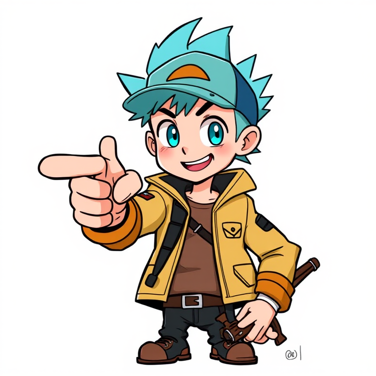 Create a hand-drawn illustration of a cartoon character with spiky hair wearing a cap and a jacket, pointing confidently while holding a slingshot in the other hand, using a high-resolution digital art style with a focus on clean lines and vibrant colors, set at 300 DPI, with a view from slightly below waist level to emphasize the character's stance and attitude.
