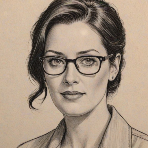 Exquisite Paget Brewster, pencil sketch, portrait of Gorgeous woman 1951s in glasses, hair style beatnik, outline, clear lines, fine lines, 8k