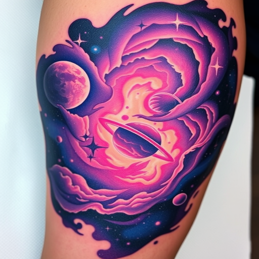 Cosmic tattoo "Galactic Odyssey" depicting a breathtaking space scene with swirling nebulae, distant planets, and shimmering stars in a rich palette of purples, blues, and iridescent accents
