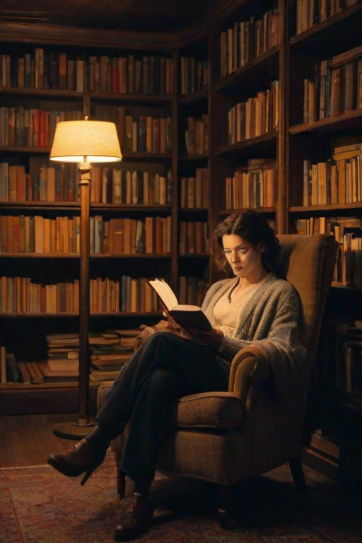 Quiet bookstore at dusk, shelves filled with well-worn books, a woman in a cardigan sits in a plush armchair, reading under the soft glow of a vintage lamp, the smell of old paper thick in the air.