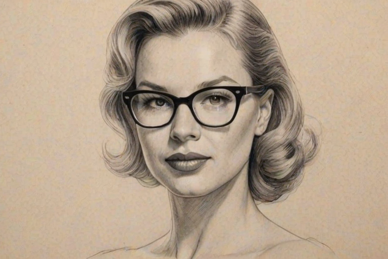 Gorgeous Rene' Zellweger, pencil sketch, portrait of Beauteous woman 1951s in glasses, hair style beatnik, outline, clear lines, fine lines, 8k