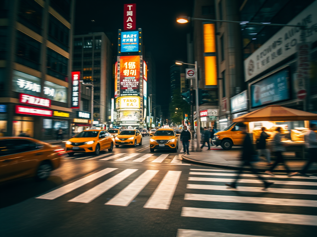 Blurry, fast-paced shot of a busy city street at night, taxis zooming by, pedestrians rushing across the crosswalk, neon signs reflecting off the wet pavement, street vendors selling food under glowing umbrellas, distant honking and soft chatter filling the air.