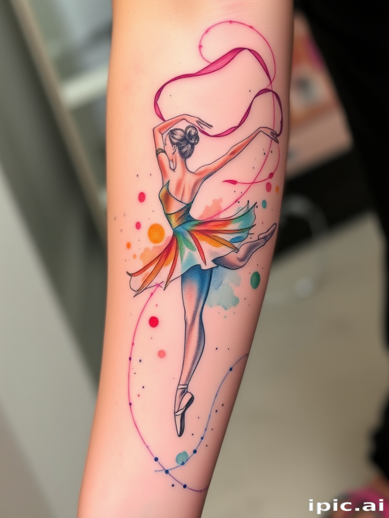 Ethereal watercolor tattoo depicting a graceful ballet dancer in motion, with flowing ribbons and abstract splashes of color creating a sense of movement and elegance