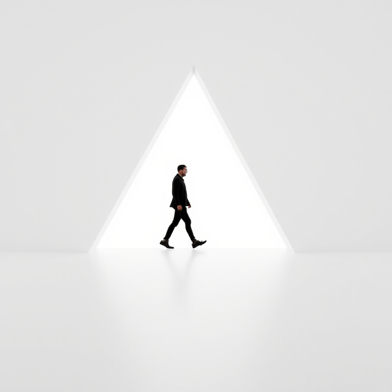 Create a minimalist black silhouette of a person walking inside a triangular frame with a clean white background, using a DSLR camera, 50mm lens, f/2.8 aperture, ISO 100, and natural lighting for a high contrast effect.