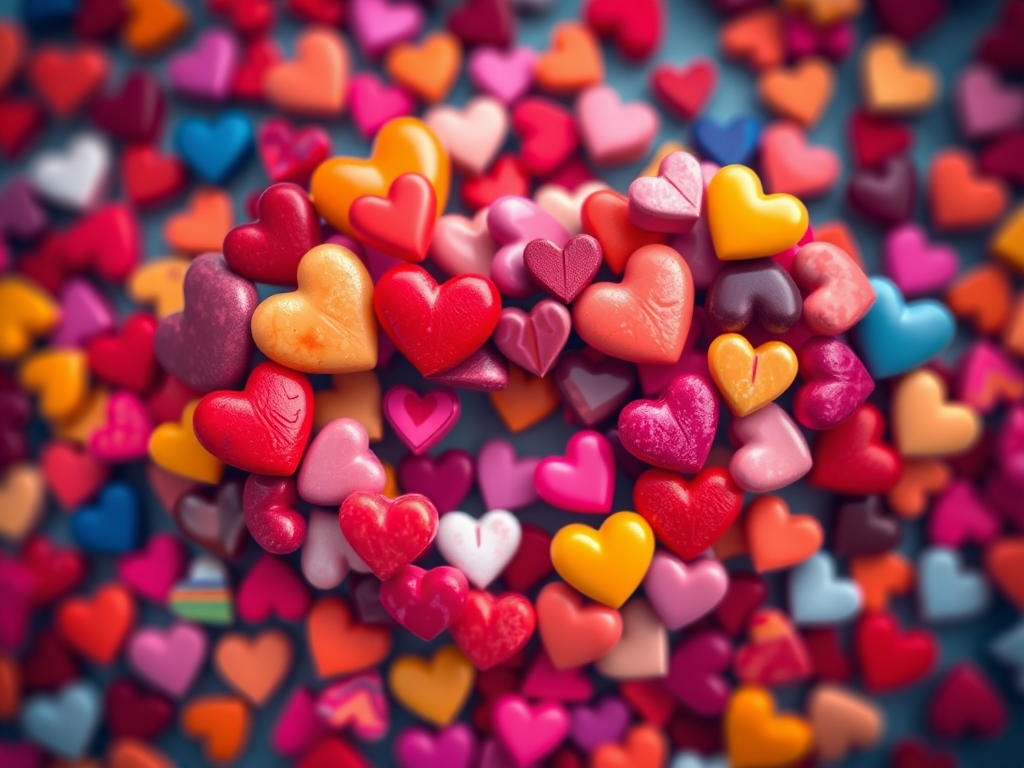 Create a vibrant infinity symbol composed of multicolored hearts, macro lens, f/2.8 aperture, 1/125s shutter speed, ISO 100, taken with a DSLR camera, top-down view, with high saturation and contrast for enhanced image quality.