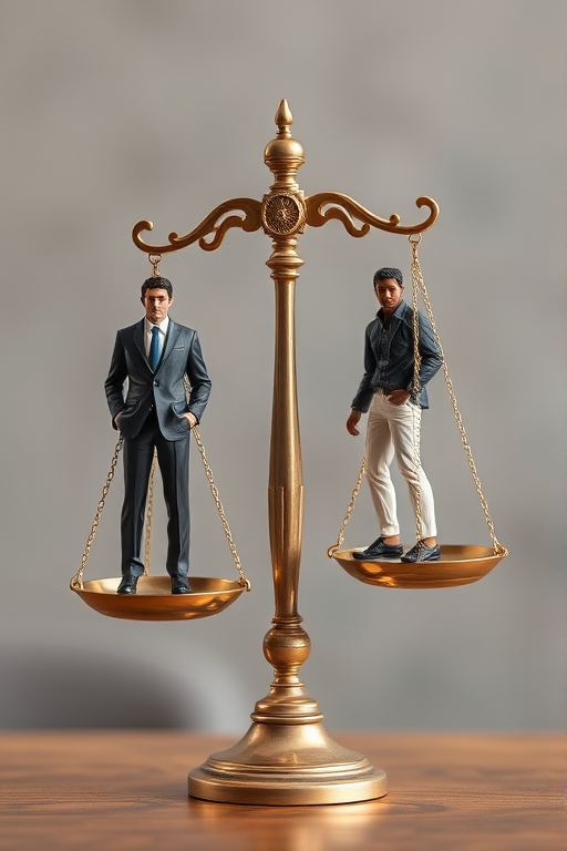 create a high-resolution image of an abstract justice scale with a figure in a suit on one side and a figure in casual clothes on the other side, using a DSLR camera with a focal length of 50mm, aperture set to f/2.8, ISO 100, and natural lighting for clarity and depth, shot from a slightly elevated angle to enhance perspective and detail