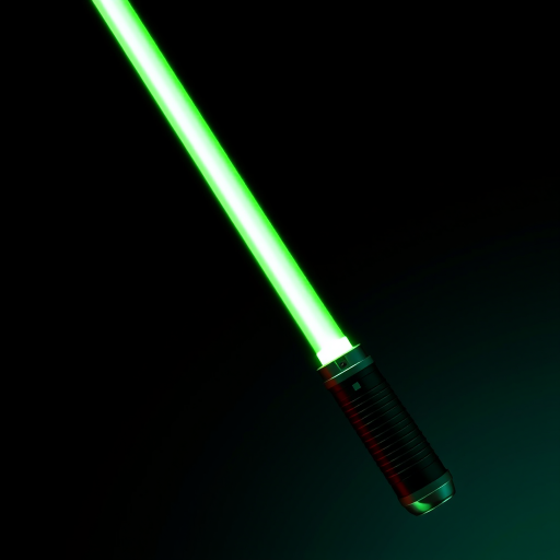 Create an ultra-realistic image of a neon green lightsaber against a black gradient background, using a DSLR camera with an f/1.8 aperture, 50mm lens, ISO 100, and 1/200 shutter speed to enhance detail and sharpness.