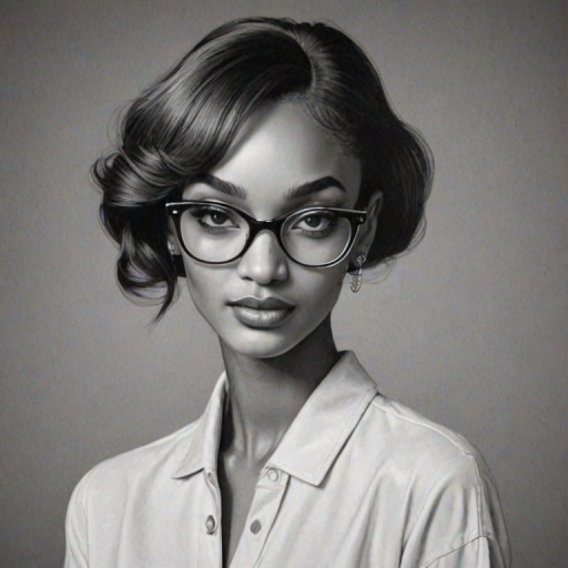Pleasing Jourdan Dunn, pencil sketch, portrait of Appealing woman 1950s in glasses, hair style beatnik, outline, clear lines, fine lines, 8k