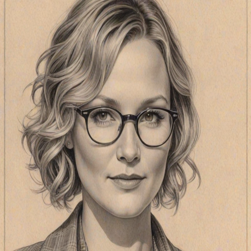 Gorgeous Jennifer Nettles, pencil sketch, portrait of Delightful woman 1933s in glasses, hair style beatnik, outline, clear lines, fine lines, 8k
