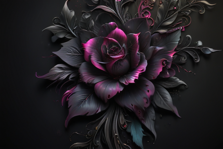 Elegant Dark Rose with Intricate Leaves and Vibrant Pink Highlights