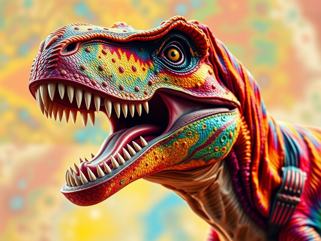 Create a vibrant and detailed illustration of a roaring dinosaur head with a colorful and textured surface, captured with a Canon EOS 5D Mark IV camera, 50mm lens, f/1.8 aperture, ISO 100, in high dynamic range style with a focus on vivid colors and sharp details.