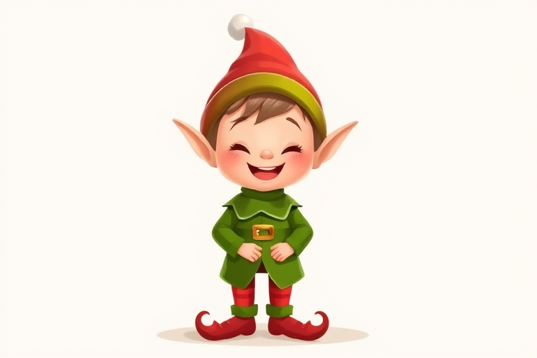 Create an illustration of a cute baby elf with a red hat and green outfit, standing with a cheerful expression, in a high-resolution digital format, captured with a Canon EOS R5 at f/2.8, 50mm lens, natural light, and a soft focus background for better image quality.