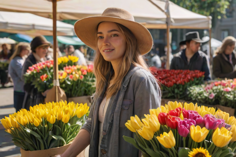 Bustling farmers' market on a sunny day, a woman with a wide-brimmed hat stands at a flower stall, selecting vibrant bouquets of sunflowers and tulips.