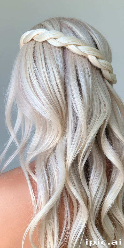 Dreamy image showcasing Opal Essence hair, iridescent white with subtle rainbow reflections, styled in a loose, romantic braided crown