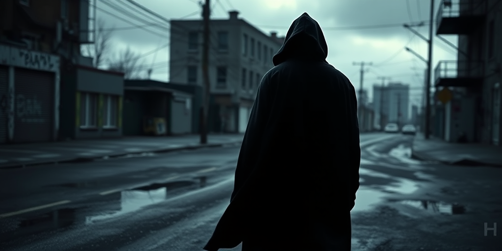 a lone figure in a hooded cloak walking down a desolate, shadowy street with puddles reflecting the gray sky, urban decay, cinematic lighting, shot with a DSLR camera, aperture f/2.8, ISO 200, 35mm lens, focused on the figure with a shallow depth of field for dramatic effect, moody atmosphere, overcast sky