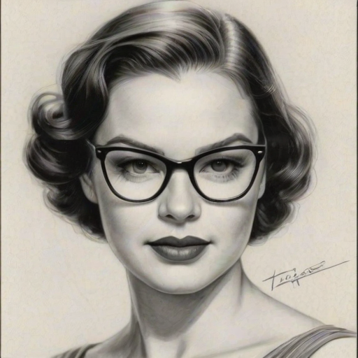 Sublime Tammy Blanchard, pencil sketch, portrait of Stunning woman 1931s in glasses, hair style beatnik, outline, clear lines, fine lines, 8k
