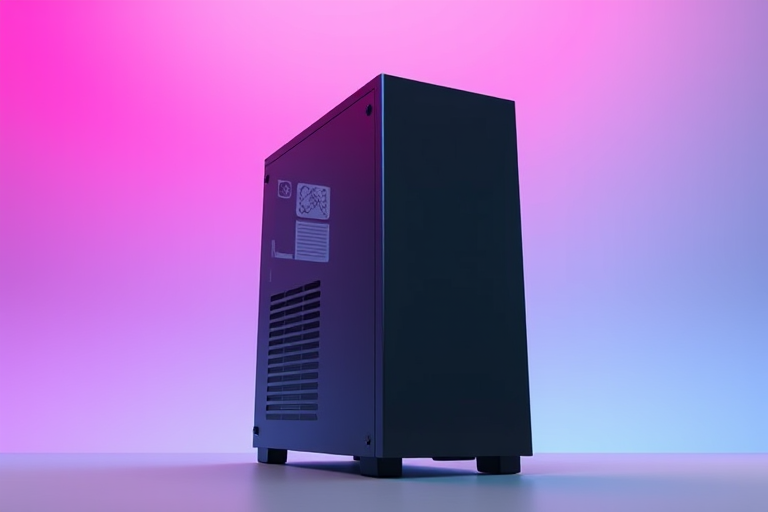 Render a sleek, modern computer tower against a gradient background, captured with a DSLR camera at f/2.8 aperture, ISO 100, 50mm lens, with soft studio lighting from an overhead softbox to enhance details and reflections.