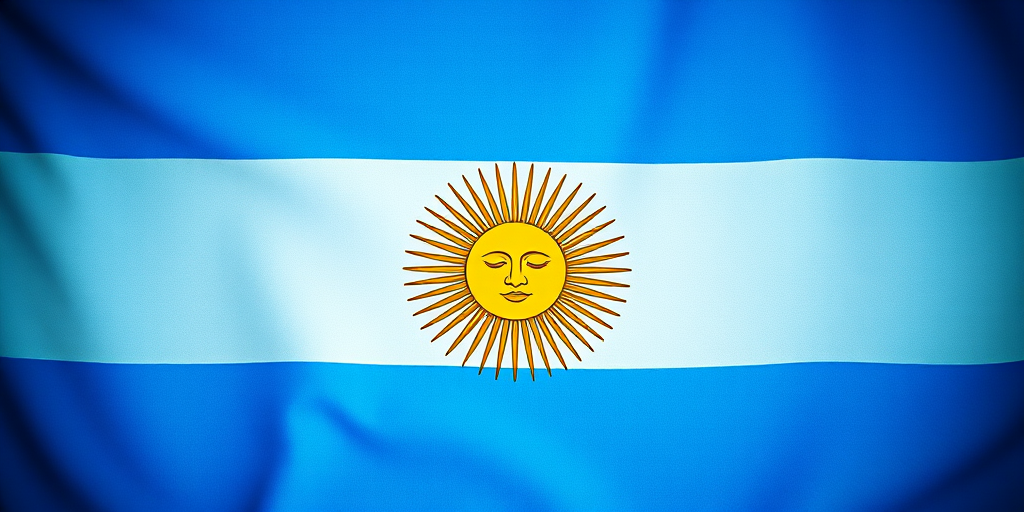 Create a high-resolution image of the Argentina flag featuring a vibrant blue background, a white stripe in the center, and a golden sun with a human face, captured using a DSLR camera with a 50mm lens at f/8 aperture, ISO 100, with natural lighting and a slight vignette effect.