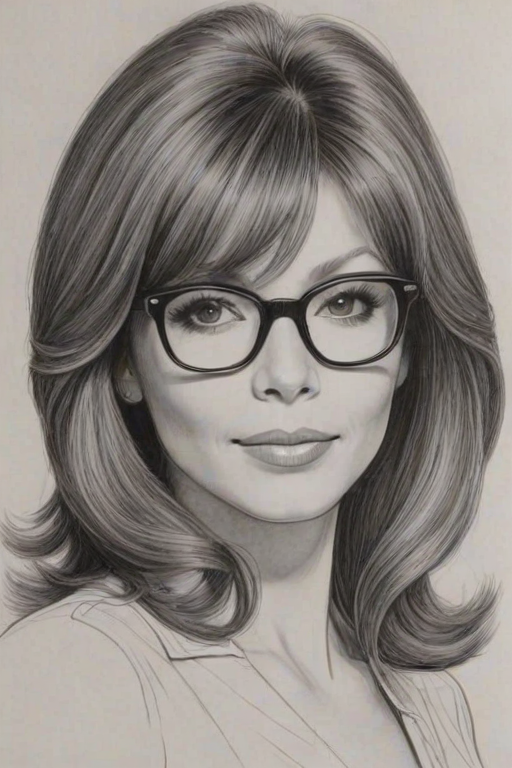 Superb Victoria Principal, pencil sketch, portrait of Delightful woman 1973s in glasses, hair style beatnik, outline, clear lines, fine lines, 8k